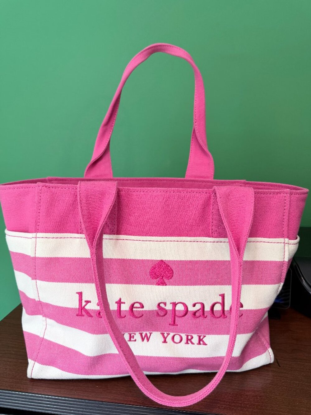 Kate Spade New York Pink & White Striped Canvas Tote Bag | Large Zip Top | Authe